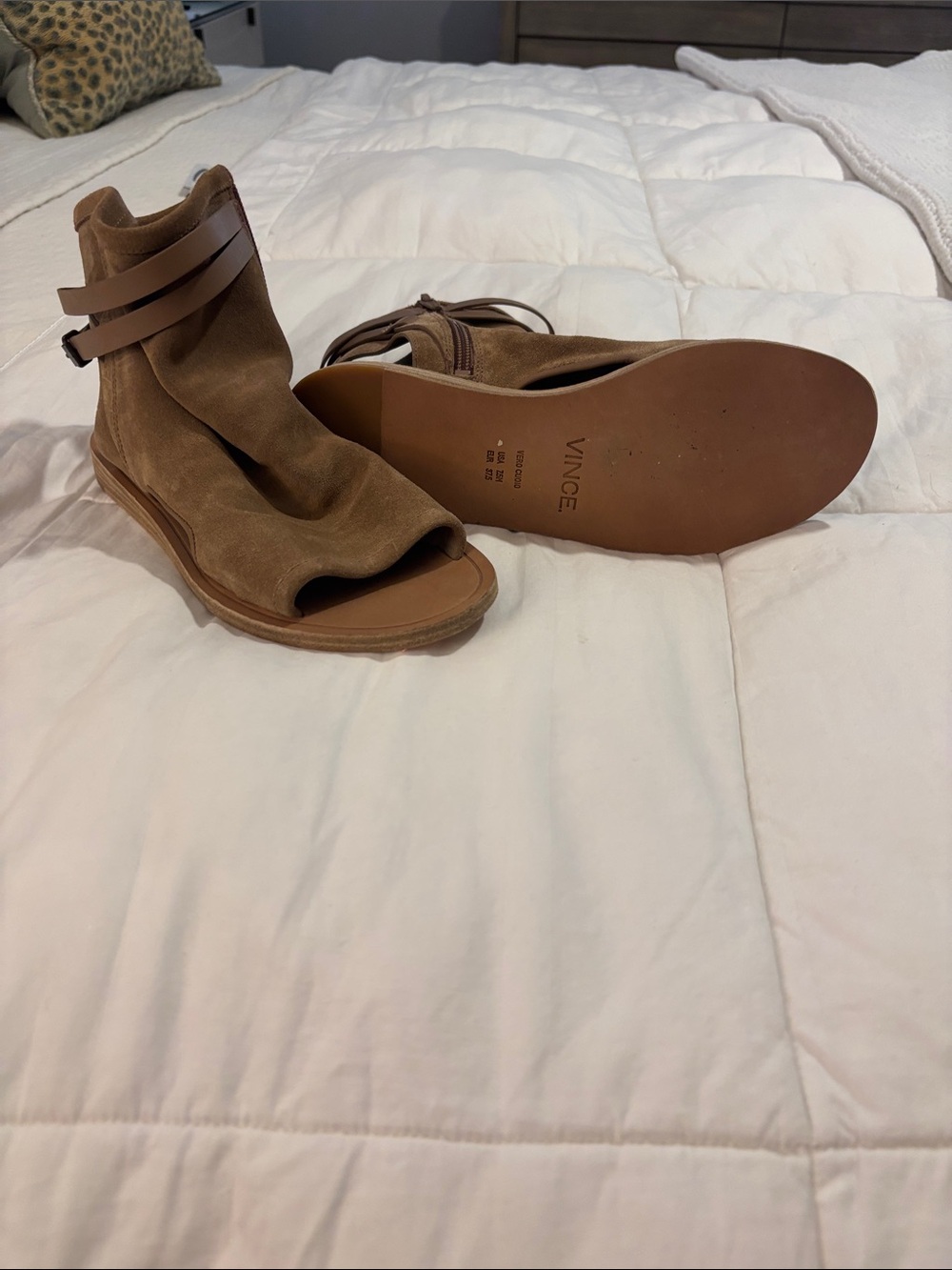 Vince Tan Suede Thalia, Open-Toe Ankle Booties with Strap Detail 7.5. New